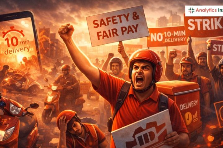 10 मिनट डिलीवरी मॉडल पर विरोध और कर्मचारियों की सुरक्षा व वेतन की मांग।